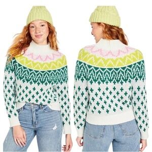 NWT Old Navy Fair Isle Mock Neck Pullover Sweater Size Small Women's White Green
